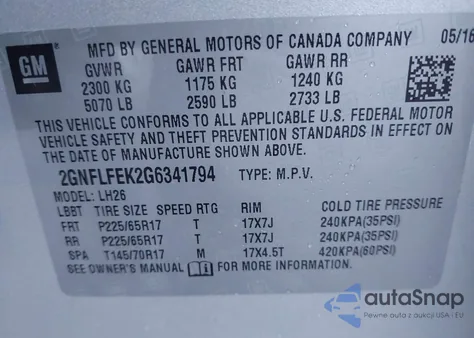 2016 Chevrolet Equinox Lt z USA, uszkodzony, nr VIN 2GNFLFEK2G6341794